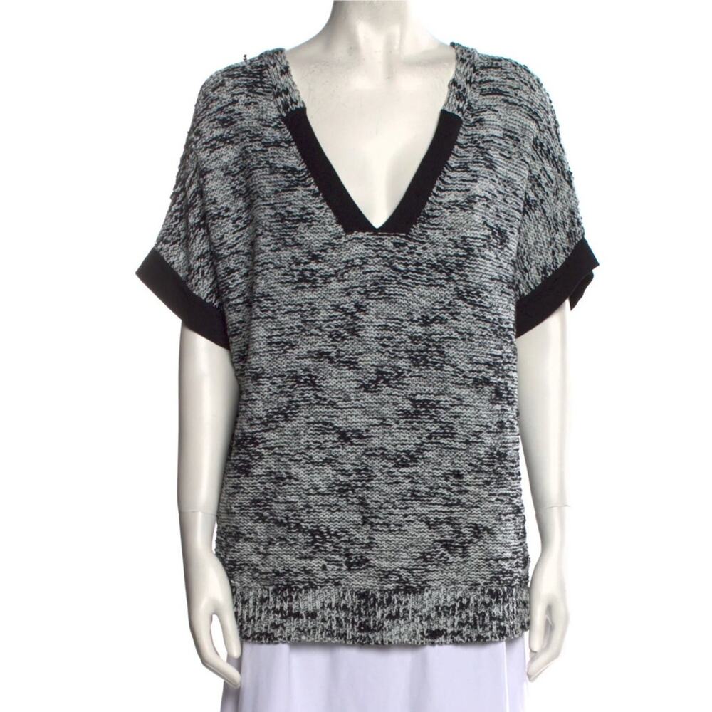Lafayette 148 Boucle Knit Short Sleeve Pullover Sweater V-Neck White Black, S